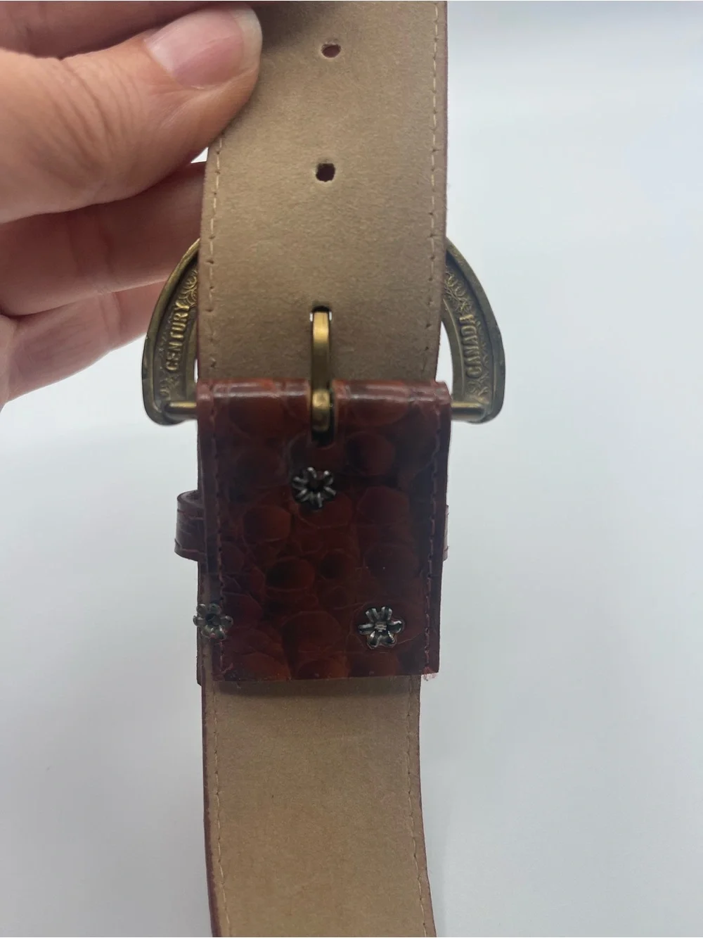 Vintage Century Canada Red Brown Croc Embossed Leather Belt Size 10